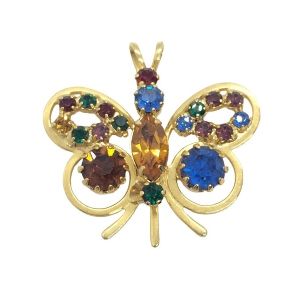 Vintage Butterfly Pendant Gold Tone Multi Color Rhinestones